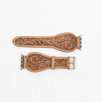 Two intricately designed leather watch straps on a white background