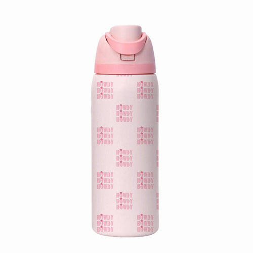 Pink water bottle with 'Buddy' text on a white background