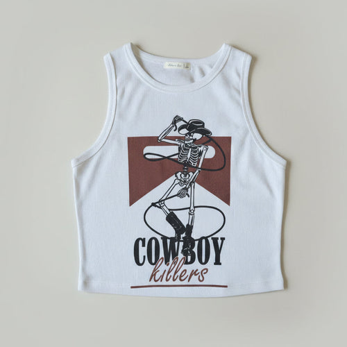 White tank top with skeleton design and 'Cowboy Killers' text on a beige background