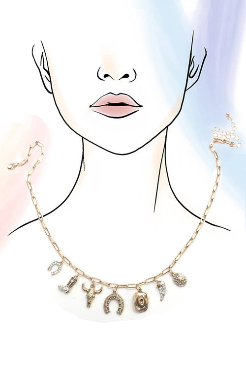 Necklace with charms worn by a person on a gradient background