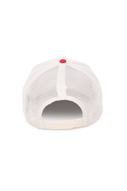 White mesh cap with a red button on a white background