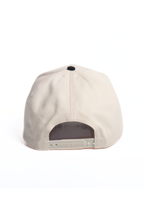 The back view of a light beige snapback cap on a solid white background.