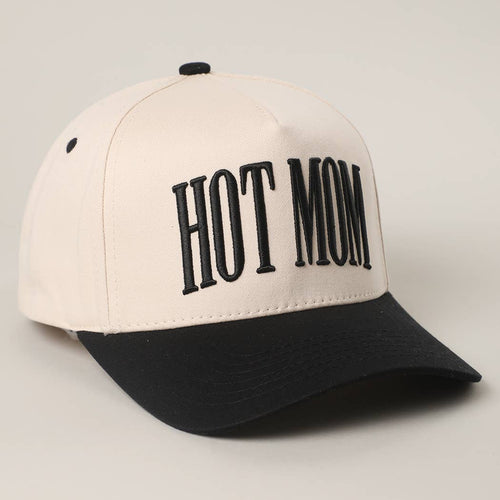 Beige and black cap with 'HOT MOM' text on a light gray background