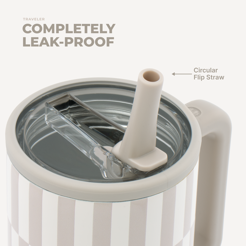 Close-up of a travel tumbler lid with a clear leak-proof seal and a beige circular flip straw. Text on the image reads 'TRAVELER COMPLETELY LEAK-PROOF' and 'Circular Flip Straw.