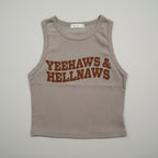 Gray tank top with 'YEEHAWS & HELLNAWS' text on a white background