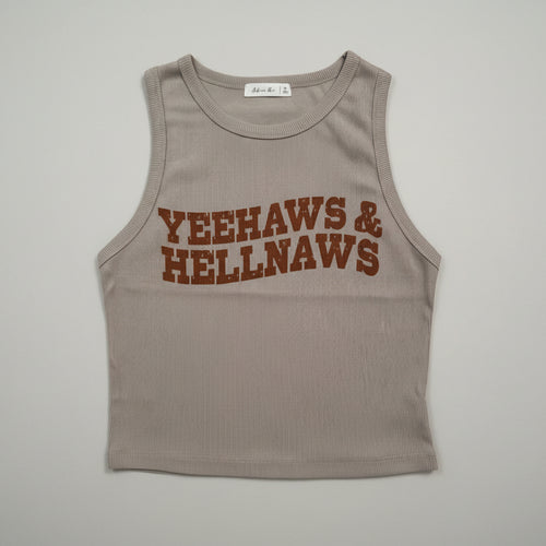 Gray tank top with 'YEEHAWS & HELLNAWS' text on a white background
