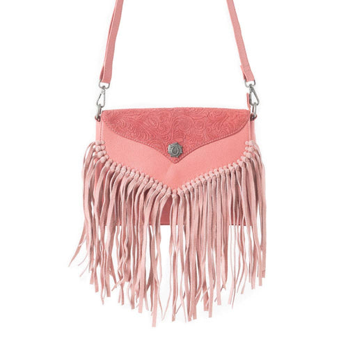 Pink fringed handbag on a white background