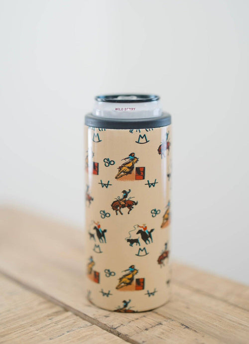Tumbler with cowboy pattern on a wooden surface