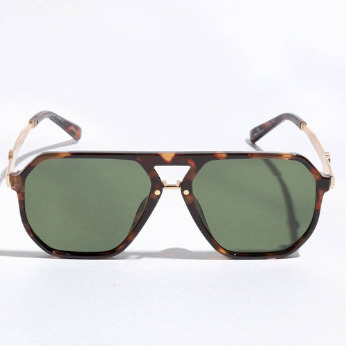 Sunglasses with tortoiseshell frame and green lenses on a white background