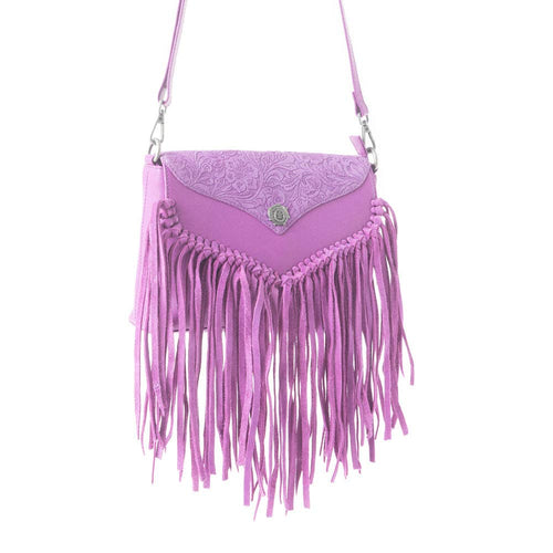 Purple fringe handbag on a white background