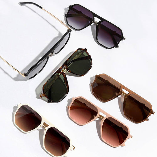 Five pairs of sunglasses in different styles and colors on a white background