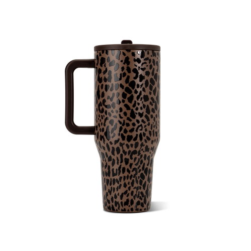 Leopard print travel mug on a white background