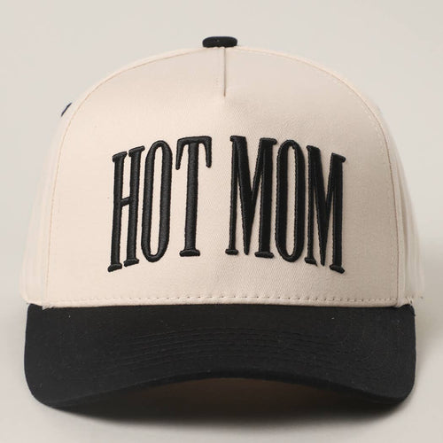 Beige cap with 'HOT MOM' text on a light gray background